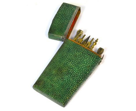A George III shagreen cased set of drawing instruments, the hinged lid set with white metal plaque inscribed 'H. Goldsmith' a