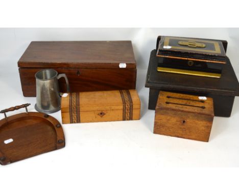 A vintage metal cash box, a 19th century glove box with silk lining, a mahogany writing slope (af) an oak church candle box, 