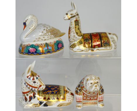 Four Royal Crown Derby paperweights, 'Thistle', a donkey, limited edition of 1500 with gold stopper, a llama, exclusive for t