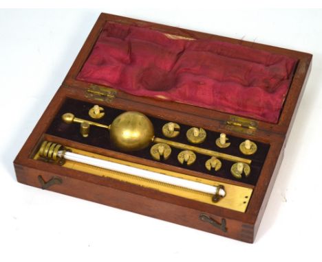 A cased Sikes hydrometer, the hinged lid set with plaque inscribed 'M. Aronsberg 40, Manchester Street, Liverpool'.
