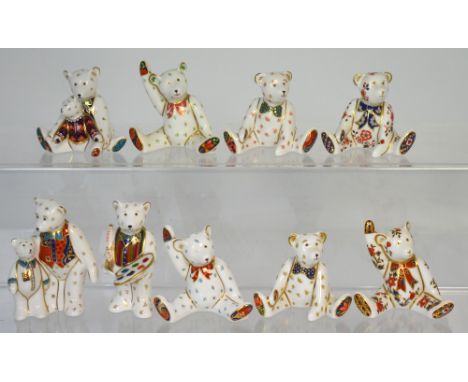 Nine miniature Royal Crown Derby teddy bears in various poses (9). CONDITION REPORT No visible signs of damage, some boxes av