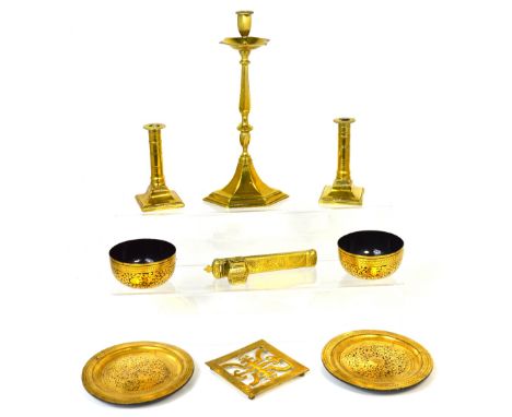 A 19th century Eastern scribe's travelling inkwell and pen holder with engraved decoration, length 20.5cm, a pair of brass ca