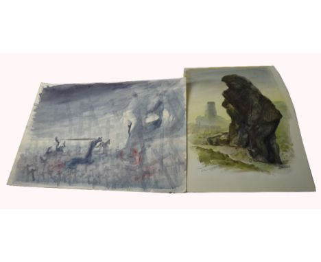 ALBIN TROWSKI (1919-2012); two unframed watercolour and pen artworks by the artist, one depicting a barren battlefield, signe
