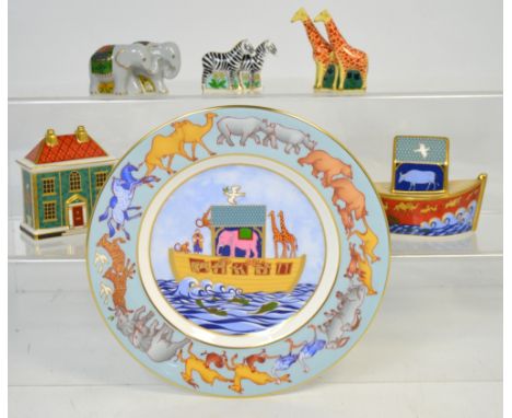 Three Royal Crown Derby miniature Noah's Ark pairs of animals, a Royal Crown Derby model of Noah's Ark (no stopper) and a Roy