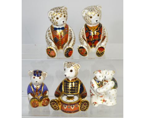 Five Royal Crown Derby teddy bears to include Schoolboy Teddy with gold stopper, Drummer Bear, limited edition of 1500 with a