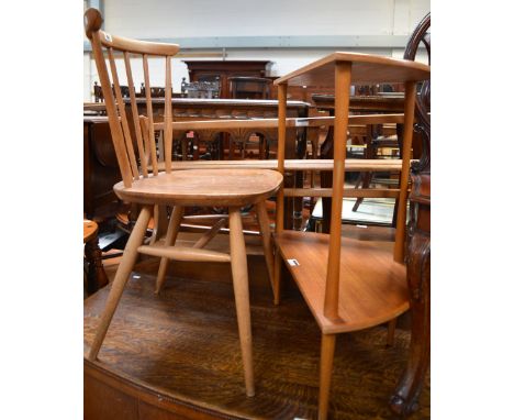 A stick back Ercol chair, an Ercol plate rack, width 97cm and a retro two tier occasional table on rounded tapering legs, wid