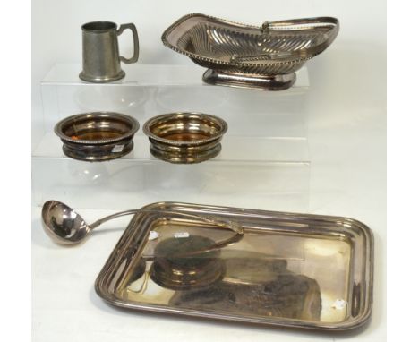A pair of silver plated bottle coasters, a plated ladle, a plated basket tray and a mug (6).