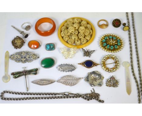 A small quantity of costume jewellery to include amber coloured beads, coral necklace, bangle, a small quantity of ivory bead