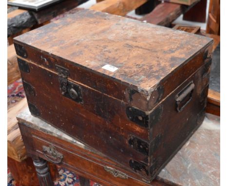 A vintage pine and metal toolbox containing a wooden plane, brace, oil cans and screwdriver.