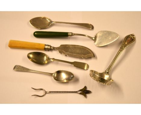 A hallmarked silver ladle, a small silver slice with green handle, a small fish slice and a hallmarked silver teaspoon awarde