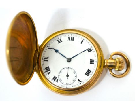 A gold plated crown wind full hunter pocket watch, the enamel dial set with Roman numerals and subsidiary seconds hand, inscr