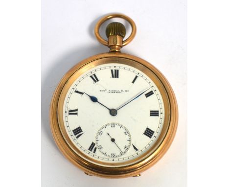 A 9ct gold crown wind open faced pocket watch, the white enamel dial set with Roman numerals and subsidiary seconds dial insc