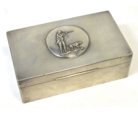 A James Dixon & Sons Cornish pewter wooden lined cigarette box decorated with a hunting scene to the top, length 15cm.