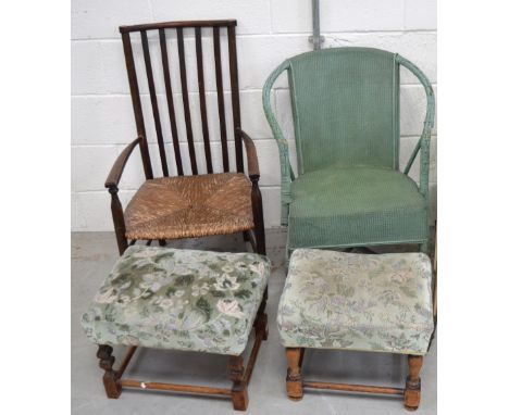 A 19th century rush seated chair with stick back on turned legs and stretcher, a green painted Lloyd Loom style chair and two