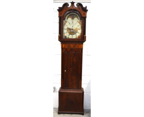 An 18th century mahogany eight day longcase clock, broken swan neck pediment above hand painted dial set with Roman numerals 