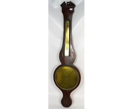 A Georgian mahogany and inlaid wall barometer, gilt dial marked for Grechi of Shaftesbury, height approx 96cm (af).