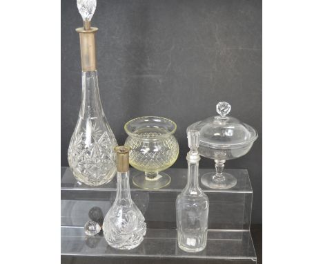 An Edwardian clear and etched glass bonbon dish and cover raised on knopped stem and circular foot, a large cut glass decante