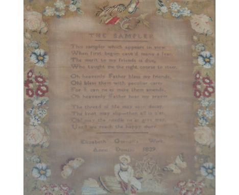 A 19th century tapestry sampler by Elizabeth Gornell, 1839, a border of flowers, butterflies and birds and a young girl seate