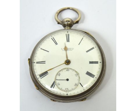 A hallmarked silver open face pocket watch, the enamel dial set with Roman numerals and subsidiary seconds hand and inscribed