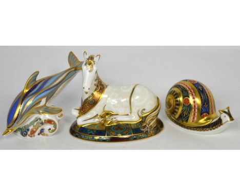 Three Royal Crown Derby paperweights, 'The Striped Dolphin', a Gold Signature edition of 1500 with gold stopper, a unicorn, s