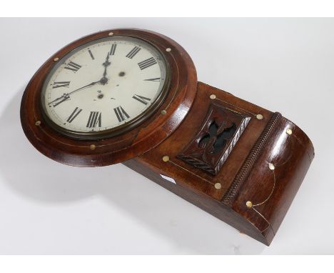 Victorian mahogany and mother of pearl wall clock, the case with mother of pearl roundels, the white pained dial with Roman n