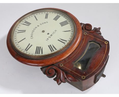 Late Victorian mahogany drop dial wall clock, Croydon &amp; Sons, Ipswich, the circular glass face enclosing a signed dial wi
