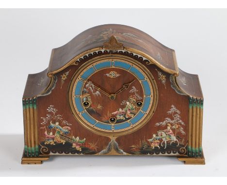 Smiths chinoiserie mantel clock, the arched case with Oriental landscape decoration, the blue and gilt dial with Arabic numer