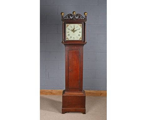 Early 19th Century oak long case clock, the hood with brass orb finials, the painted dial with Roman numerals, makers name I 