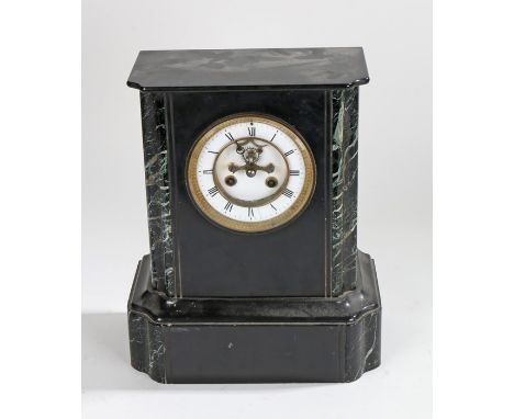 Late 19th Century black slate and marble mantel clock, the circular glass face enclosing an enamel dial with black roman nume