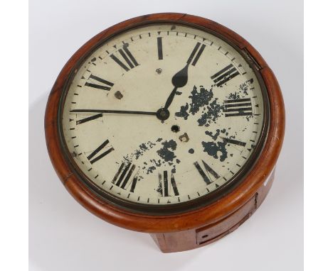 19th Century mahogany cased wall clock, with circular case, the glass face enclosing an unsigned dial with black roman numera