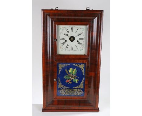 American wall clock, the painted dial with Roman numerals, the door with depiction of a bird, 41.5cm wide, 75.5cm high