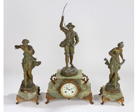 Onyx mantel clock, the case with cast metal figure depicting a boy fishing, the dial with Roman numerals, together with a pai
