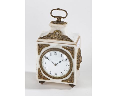 White marble cased mantel clock, with snake form handle above the tapering pediment, the white dial with Arabic numerals 12cm