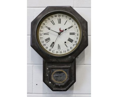 Mahogany wall clock, the white dial with Roman numerals and outer calendar track, the octagonal case with pendulum window to 