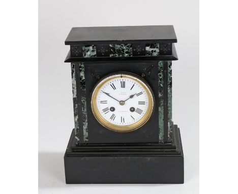 Slate and marble mantel clock, the white enamel dial with Roman numerals and retailers name T.Hyde Sleaford, 22.5cm wide, 28c