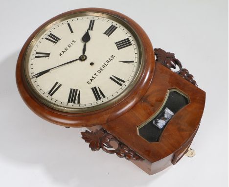 Victorian mahogany cased drop dial wall clock, Harris, East Dereham, the case having carved grape and vine decoration, the ci