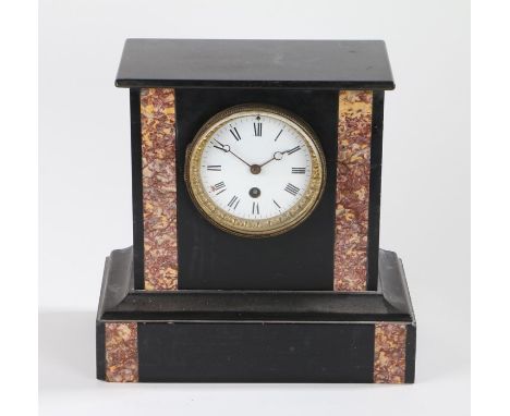 Edwardian slate and marble mantel clock, the white enamel dial with Roman numerals, 25.5cm wide, 25cm high