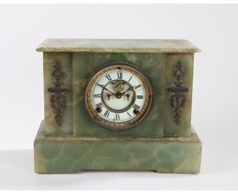 Onyx mantle clock, the ivorine dial with Roman numerals and visible anchor escapement, 31.5cm wide, 24cm high