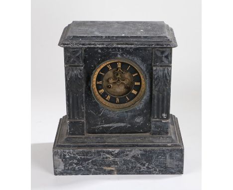 Edwardian slate mantel clock, the black dial with gilt Roman numerals and exposed escapement, the case with reeded acanthus l