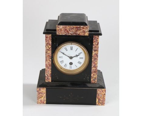 Edwardian slate and marble mantel clock, the enamel dial with Roman numerals, 21.5cm wide, 27.5cm high
