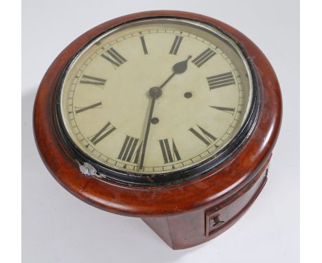 19th Century mahogany cased wall clock, the circular glass face enclosing an unsigned dial with black roman numerals, twin tr