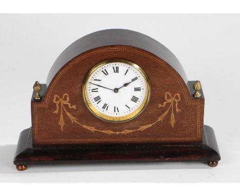 Edwardian mahogany and marquetry inlaid mantle clock, the arched case with swag and harebell decoration, the dial with Roman 