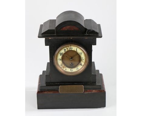 Edwardian slate and marble mantel clock, the arched pediment above an ivorine dial with Arabic numerals, brass presentation p