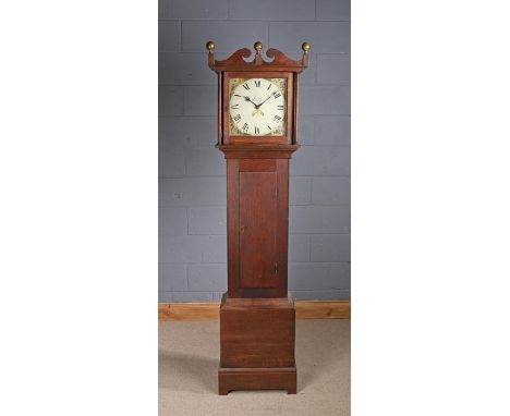 19th Century oak long case clock, the hood with brass orb finials, the painted dial with Roman numerals and painted floral sp