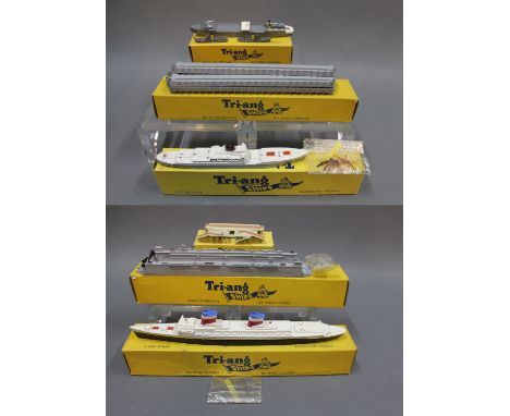 A group of 6 Triang Minic 1:1200 scale original series ships, M : TSS Vikingen with 2 x whale chasers and whale (M733/734/880