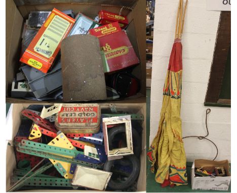 A box of Tri-ang 00 gauge railway accessories, track pack sets etc and a box of play worn Meccano, a Wigwam measuring 184cm h