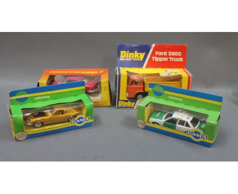 A Dinky Ford D800 tipper truck (440), a Corgi Whizzwheels Bentley T Series (274) and two German Gama Spielzeug die cast model