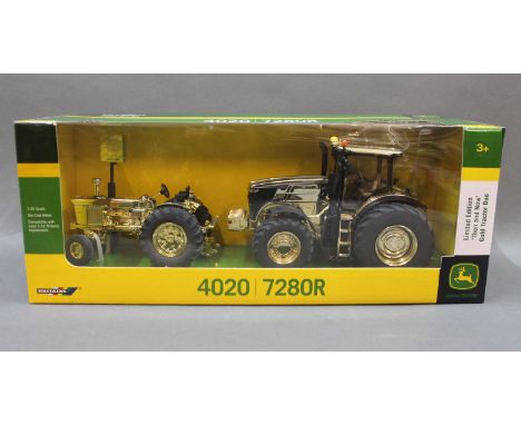 A boxed Britains John Deere limited edition "Then and Now" 4020/7280R gold tractor duo