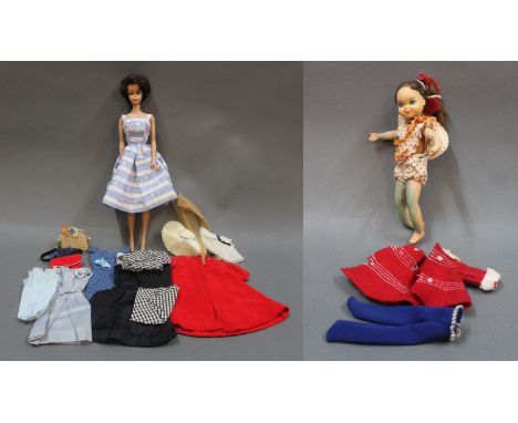 2 1960's Barbie dolls with outfits: a Barbie Midge doll, marked "Midge 1962 (10)" in blue striped dress, and a Barbie rubber 