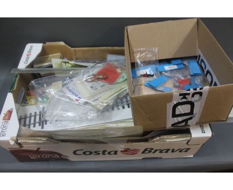 A box of railway model making accessories, including track, Omen miniature scale figurines etc 